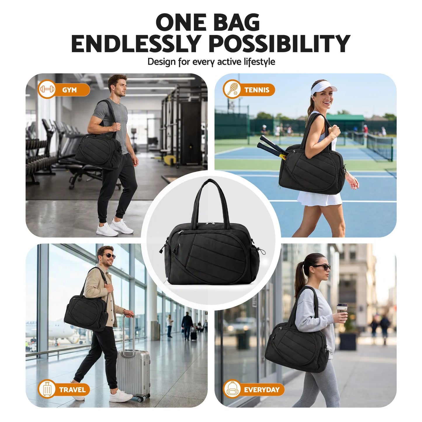 Everfit Tennis Tote Bag Gym Bag Sports Duffle Bags Holds 2 Rackets Black - Image 7