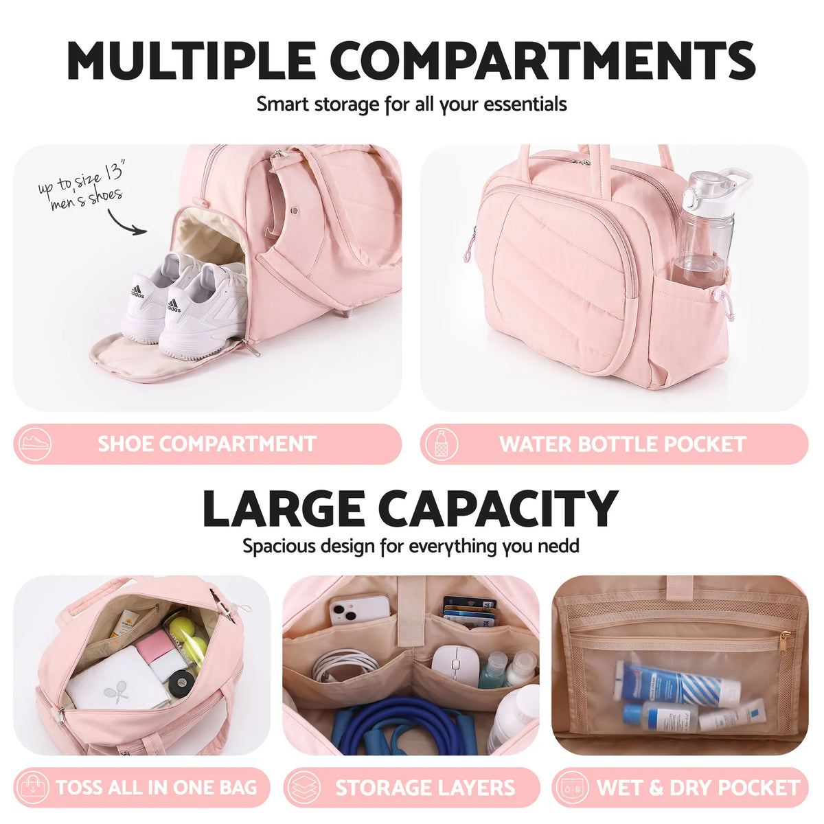 Everfit Tennis Tote Bag Gym Bag Sports Duffle Bags Holds 2 Rackets Pink - Image 4