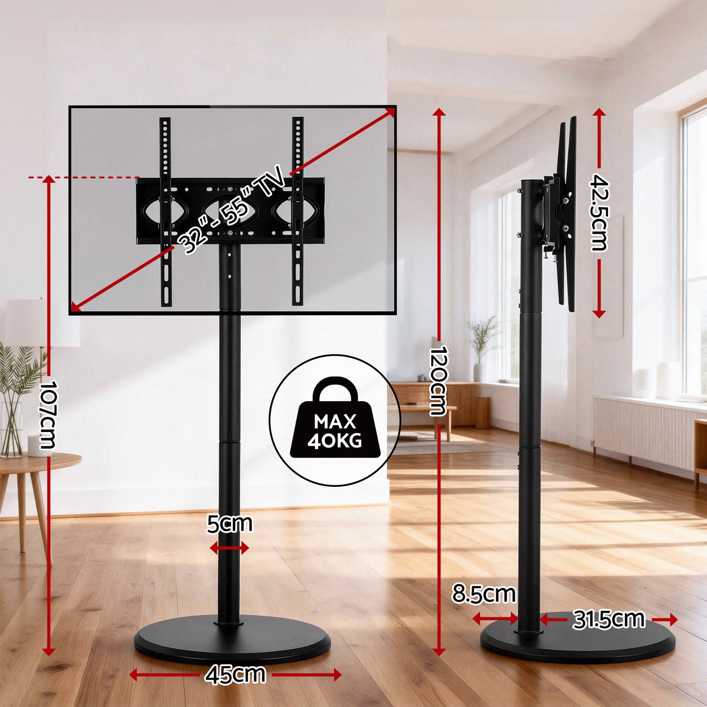 Artiss 32-55 Inch Mobile TV Stand with Wheels Height & Tilt Adjustable Floor Mount - Image 4