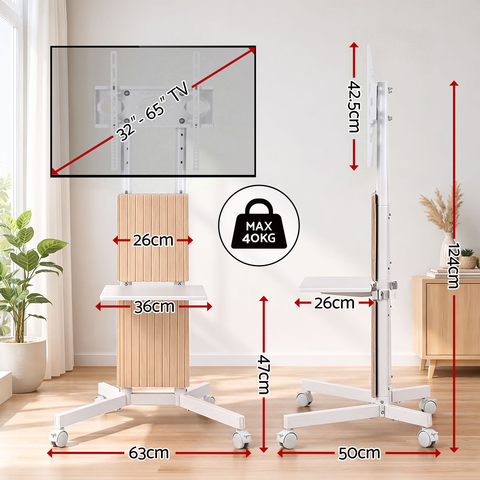 Artiss Mobile TV Floor Stand for 32-65" Mount Bracket Universal Adjustable Height with Wheels - Image 4