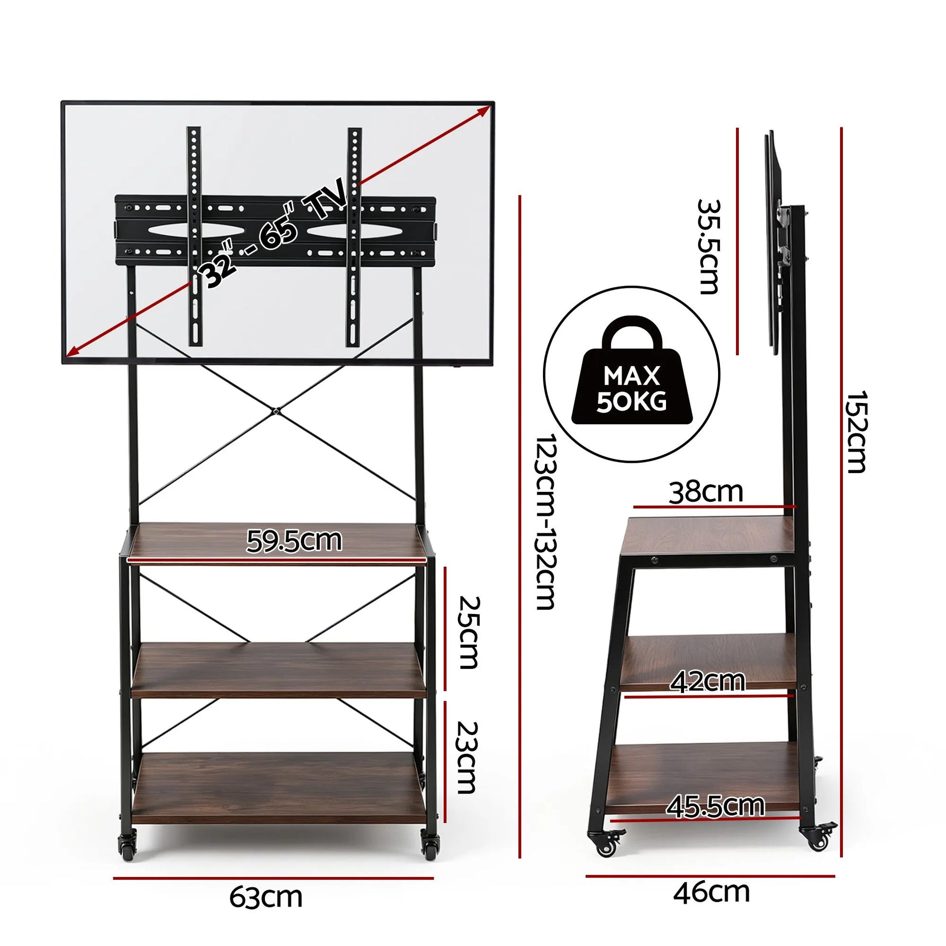 Artiss Mobile TV Stand 32-65 Inch TVs Mount 50kg with 3 MDF Shelves Lockable Wheels Adjustable Feet - Image 2