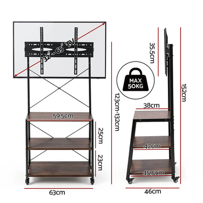 Artiss Mobile TV Stand 32-65 Inch TVs Mount 50kg with 3 MDF Shelves Lockable Wheels Adjustable Feet - Image 2