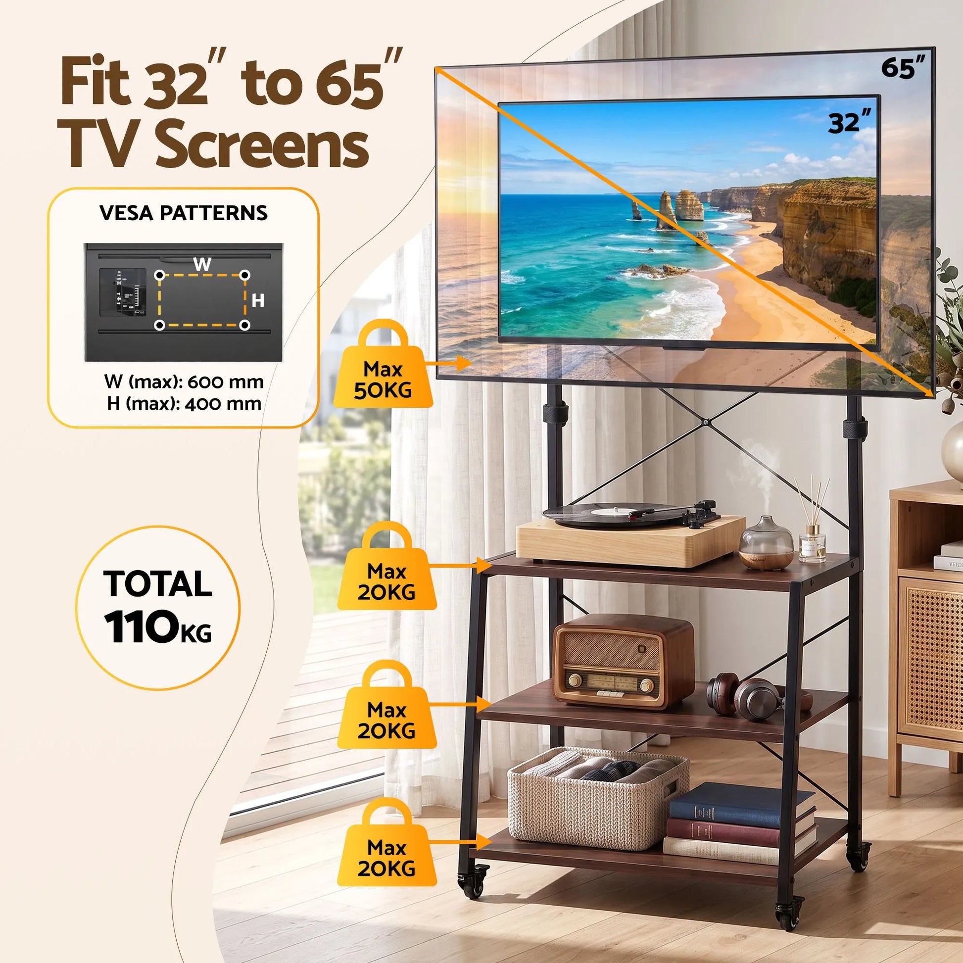 Artiss Mobile TV Stand 32-65 Inch TVs Mount 50kg with 3 MDF Shelves Lockable Wheels Adjustable Feet - Image 4