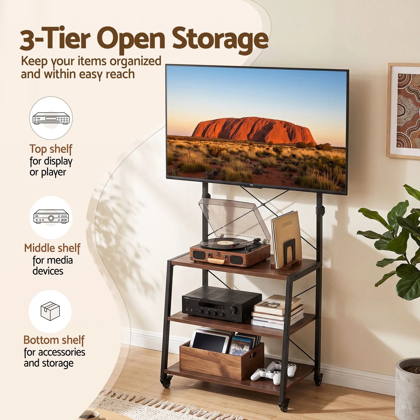 Artiss Mobile TV Stand 32-65 Inch TVs Mount 50kg with 3 MDF Shelves Lockable Wheels Adjustable Feet - Image 5