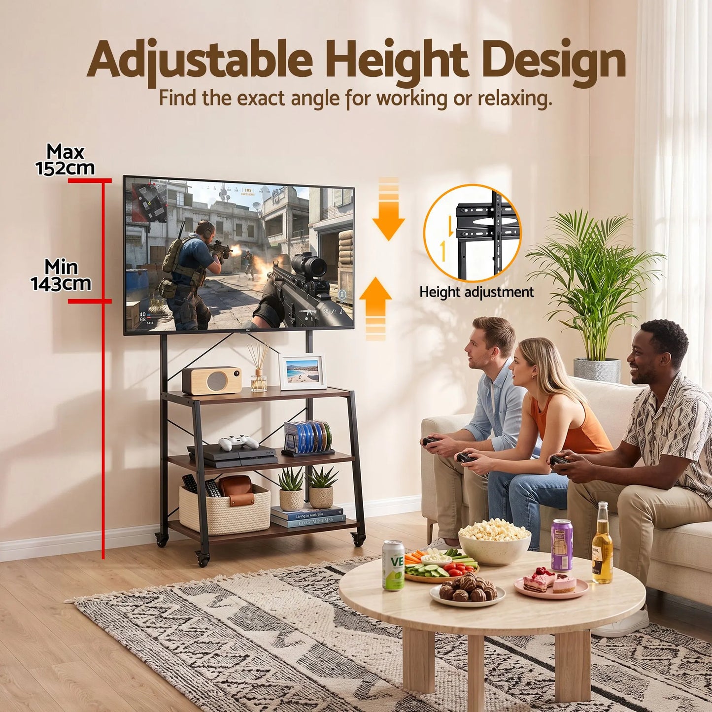 Artiss Mobile TV Stand 32-65 Inch TVs Mount 50kg with 3 MDF Shelves Lockable Wheels Adjustable Feet - Image 6