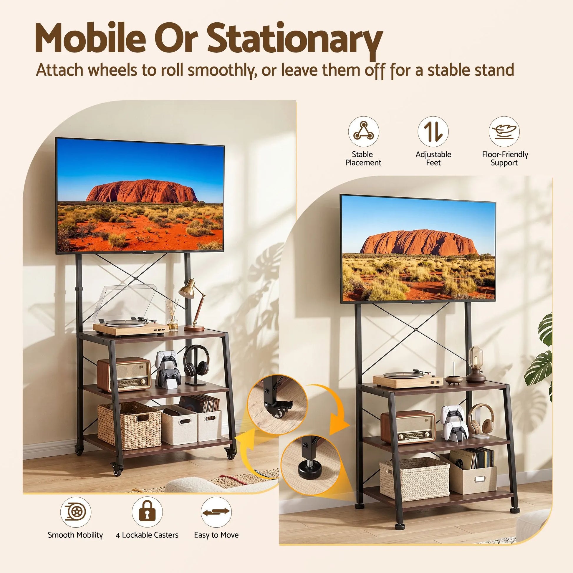 Artiss Mobile TV Stand 32-65 Inch TVs Mount 50kg with 3 MDF Shelves Lockable Wheels Adjustable Feet - Image 7
