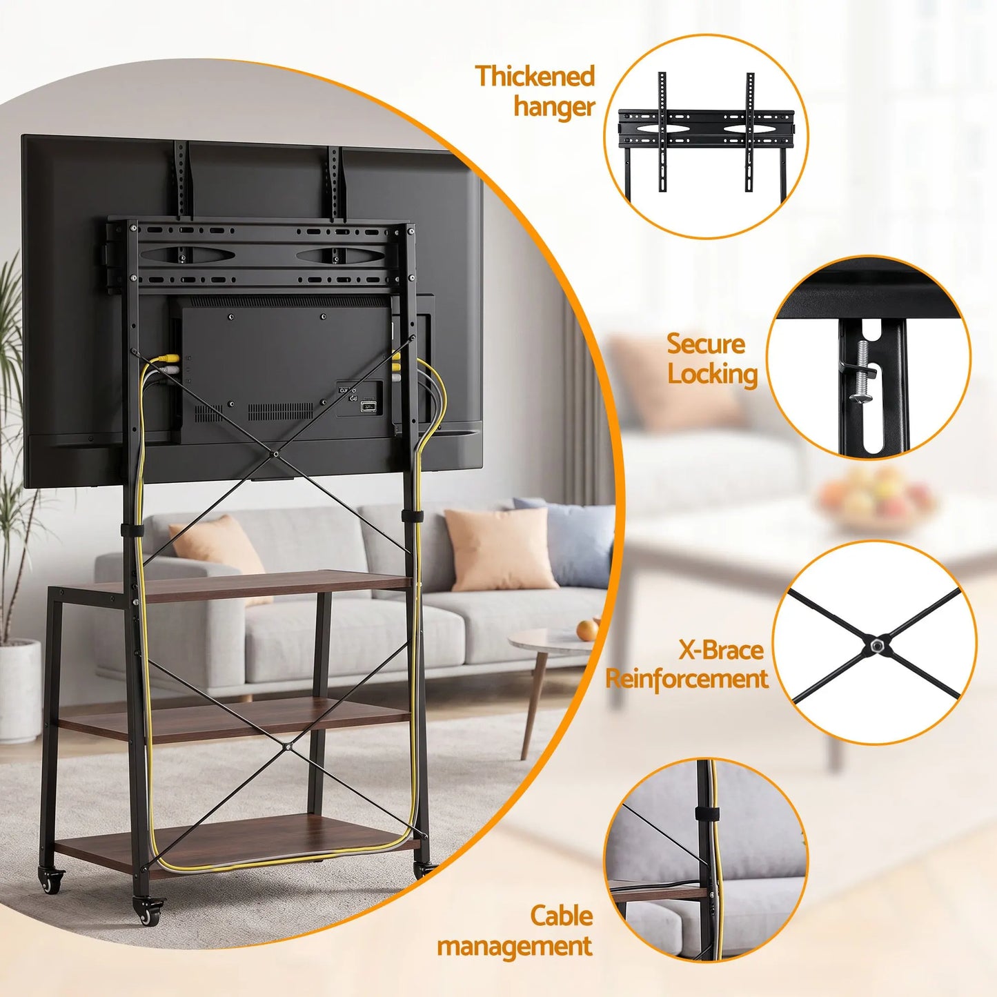 Artiss Mobile TV Stand 32-65 Inch TVs Mount 50kg with 3 MDF Shelves Lockable Wheels Adjustable Feet - Image 9