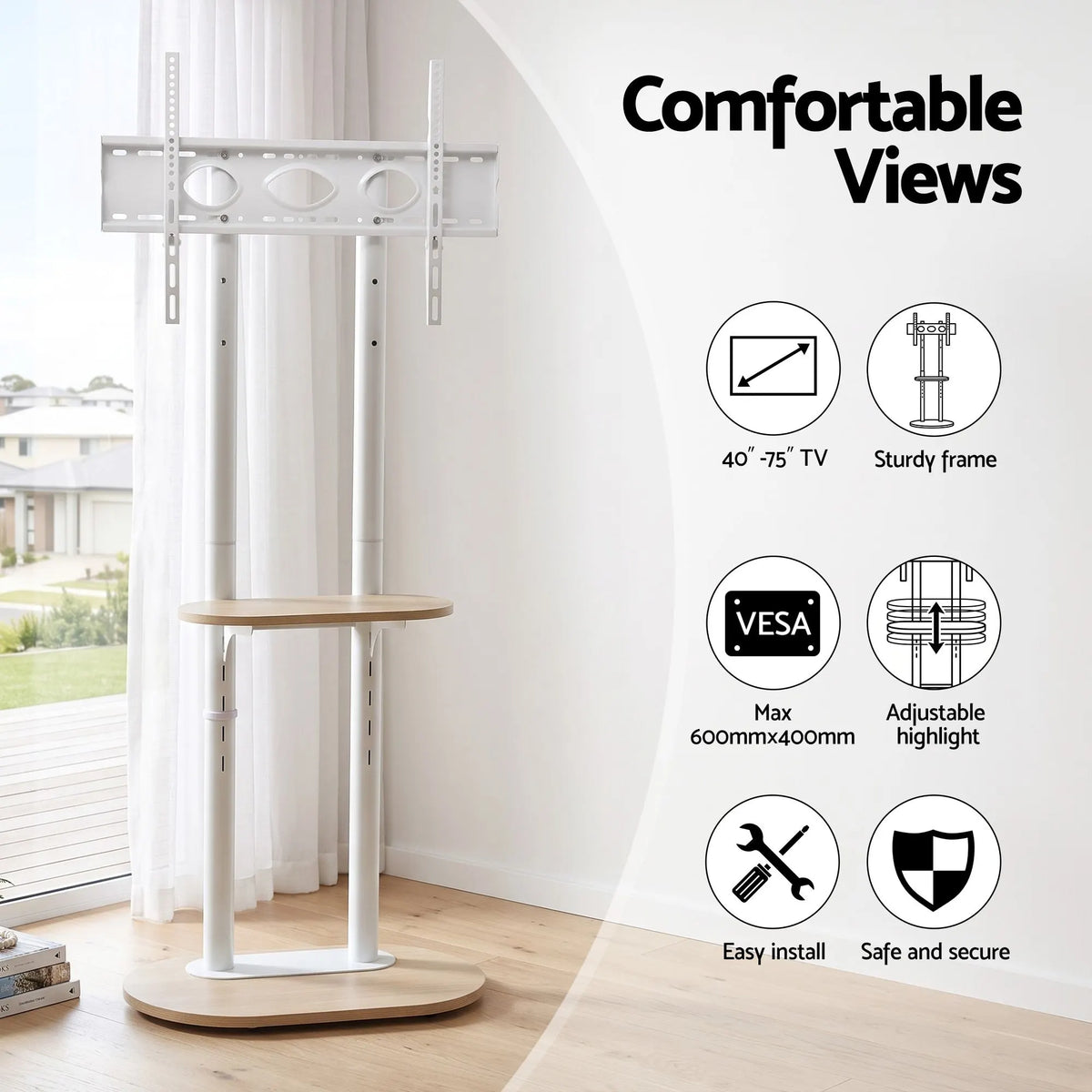 Artiss Mobile TV Floor Stand 40-75" Bracket Universal Adjustable Shelves Wheels - Image 4