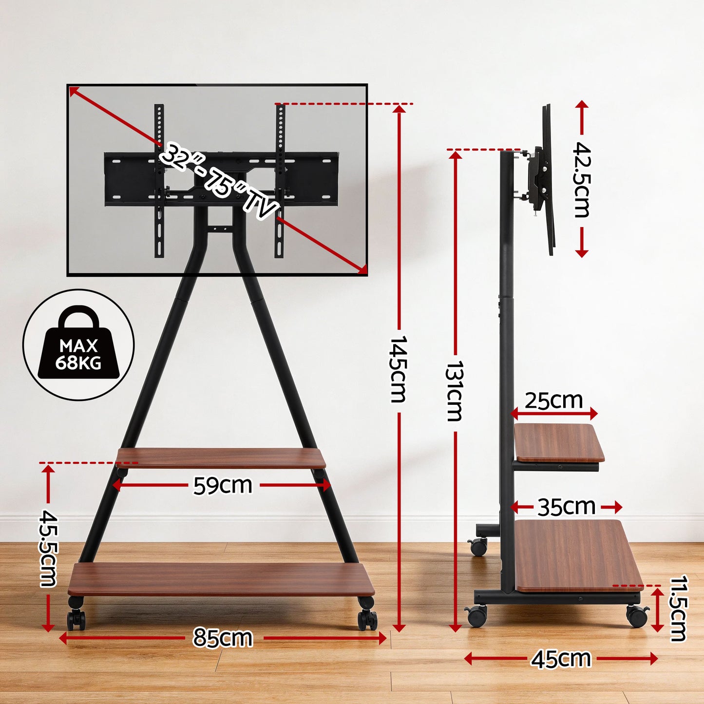 Artiss Mobile TV Stand Rolling Cart Wheels 32-75" Heavy Duty 133kg Mount Bracket - Image 4