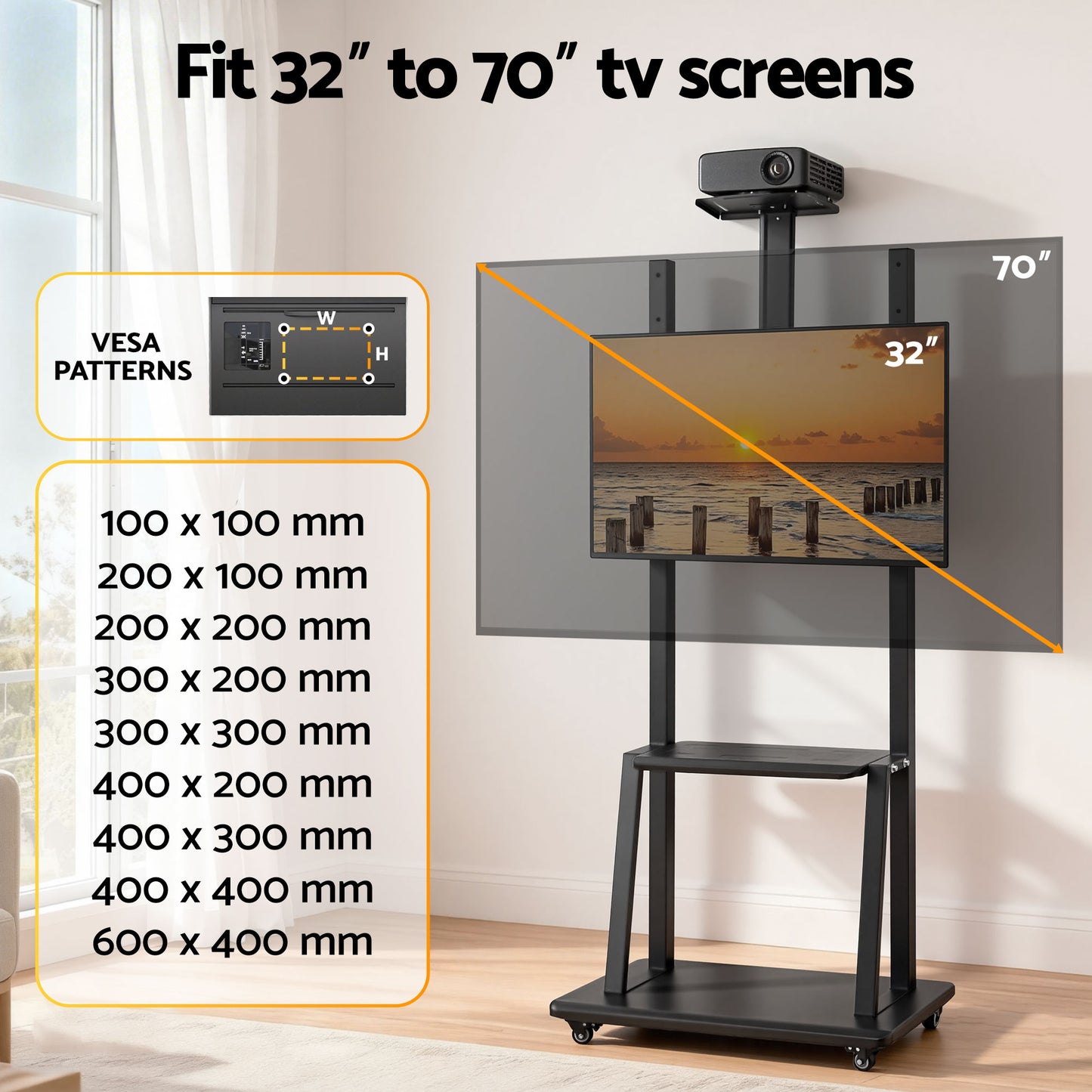 Artiss TV Stand 32-70" Universal Mobile Adjustable Height TV Stand with Wheels - Image 6