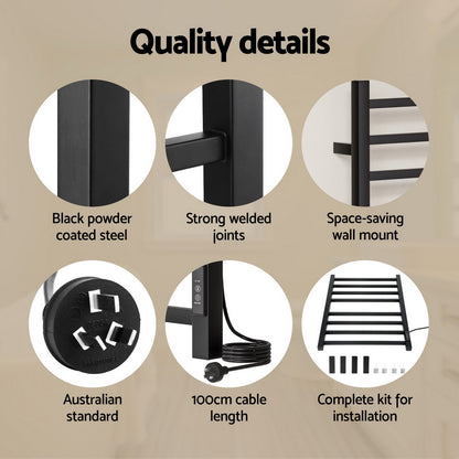 Devanti Heated Towel Rail 8 Square Bars with Timer Electric Heater Warmer Rack - Image 6