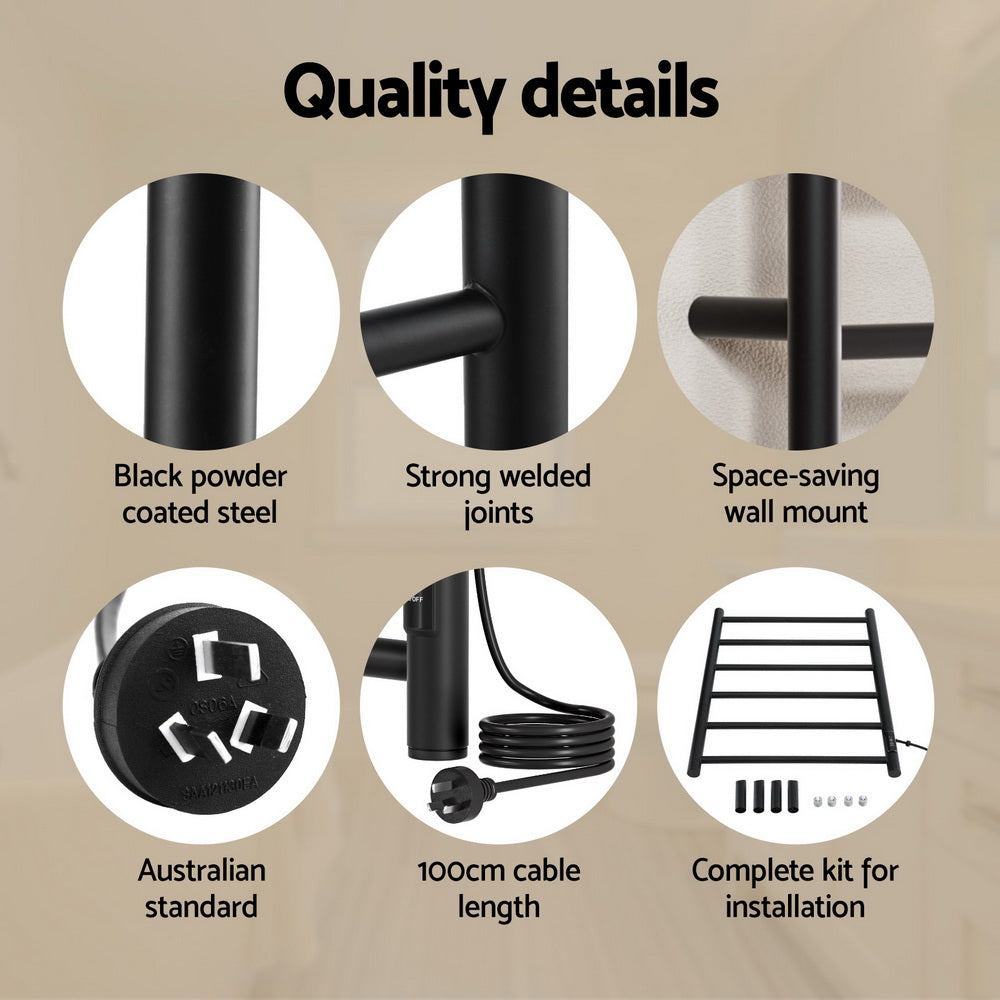 Devanti Heated Towel Rail 6 Round Bars  with Timer Electric Heater Warmer Rack - Image 6