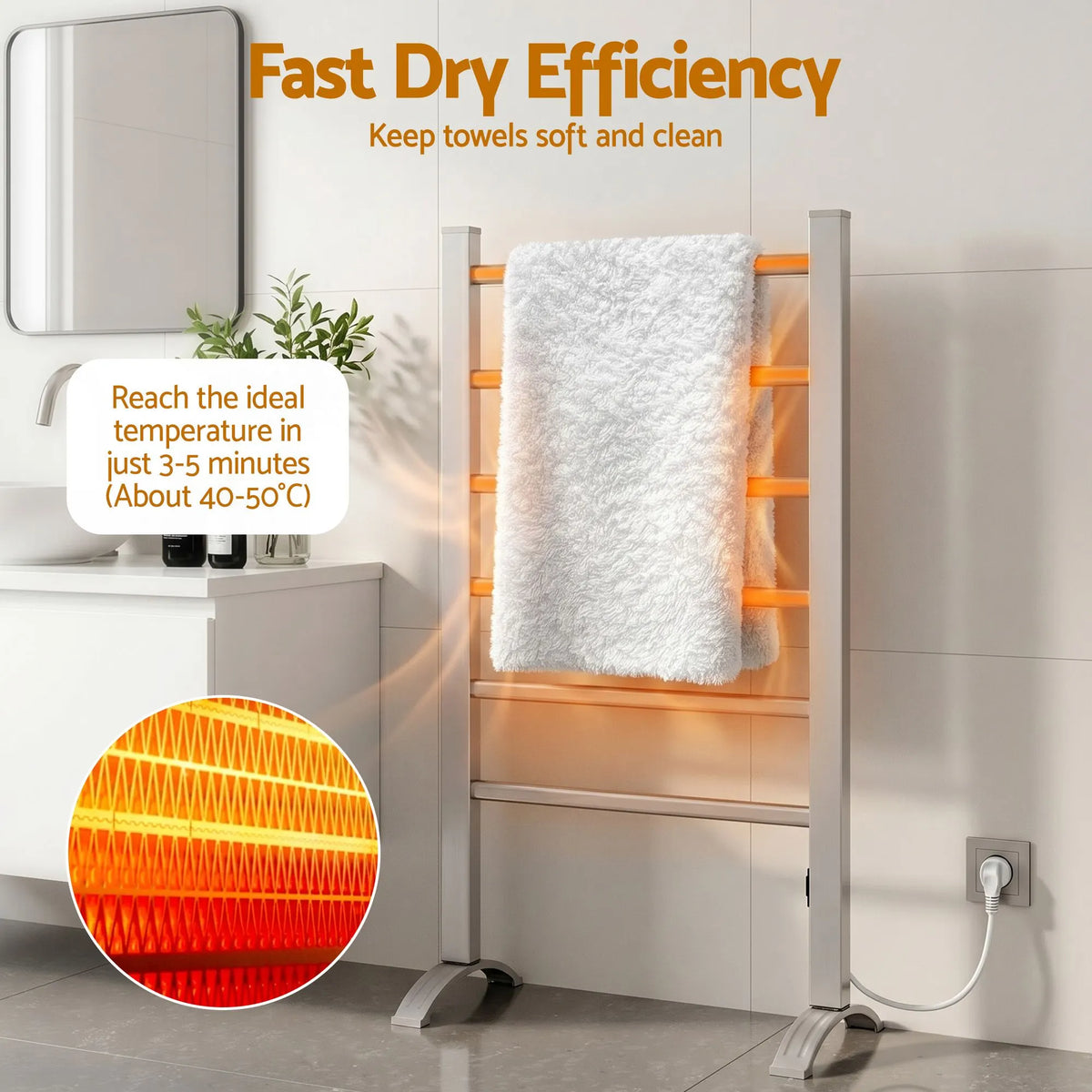 Devanti Electric Heated Towel Rail Rack 6 Bars Freestanding Clothes Dry Warmer - Image 2