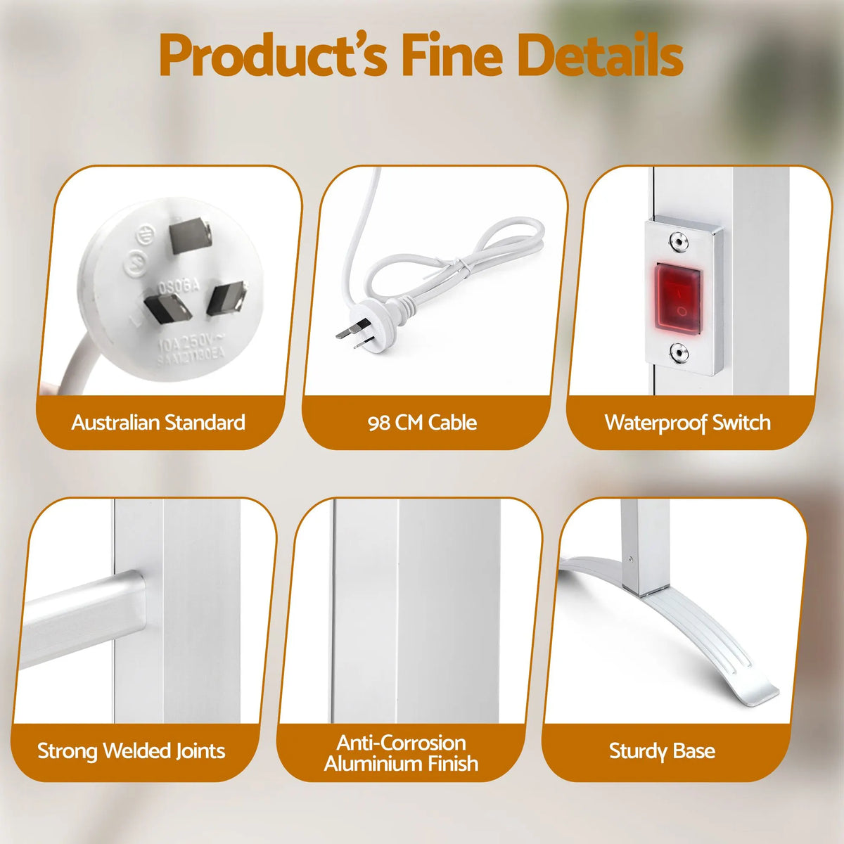 Devanti Electric Heated Towel Rail Rack 6 Bars Freestanding Clothes Dry Warmer - Image 4