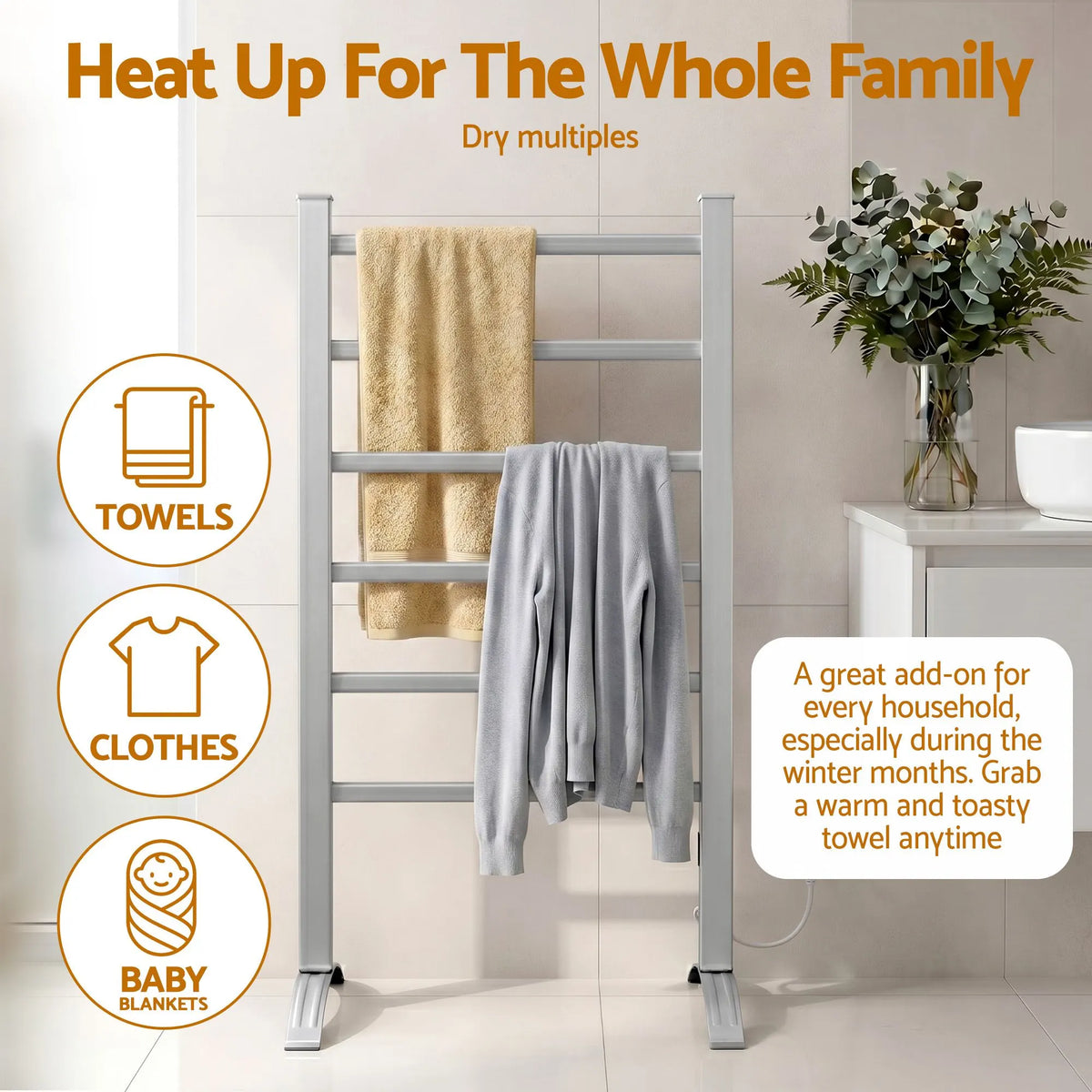Devanti Electric Heated Towel Rail Rack 6 Bars Freestanding Clothes Dry Warmer - Image 6