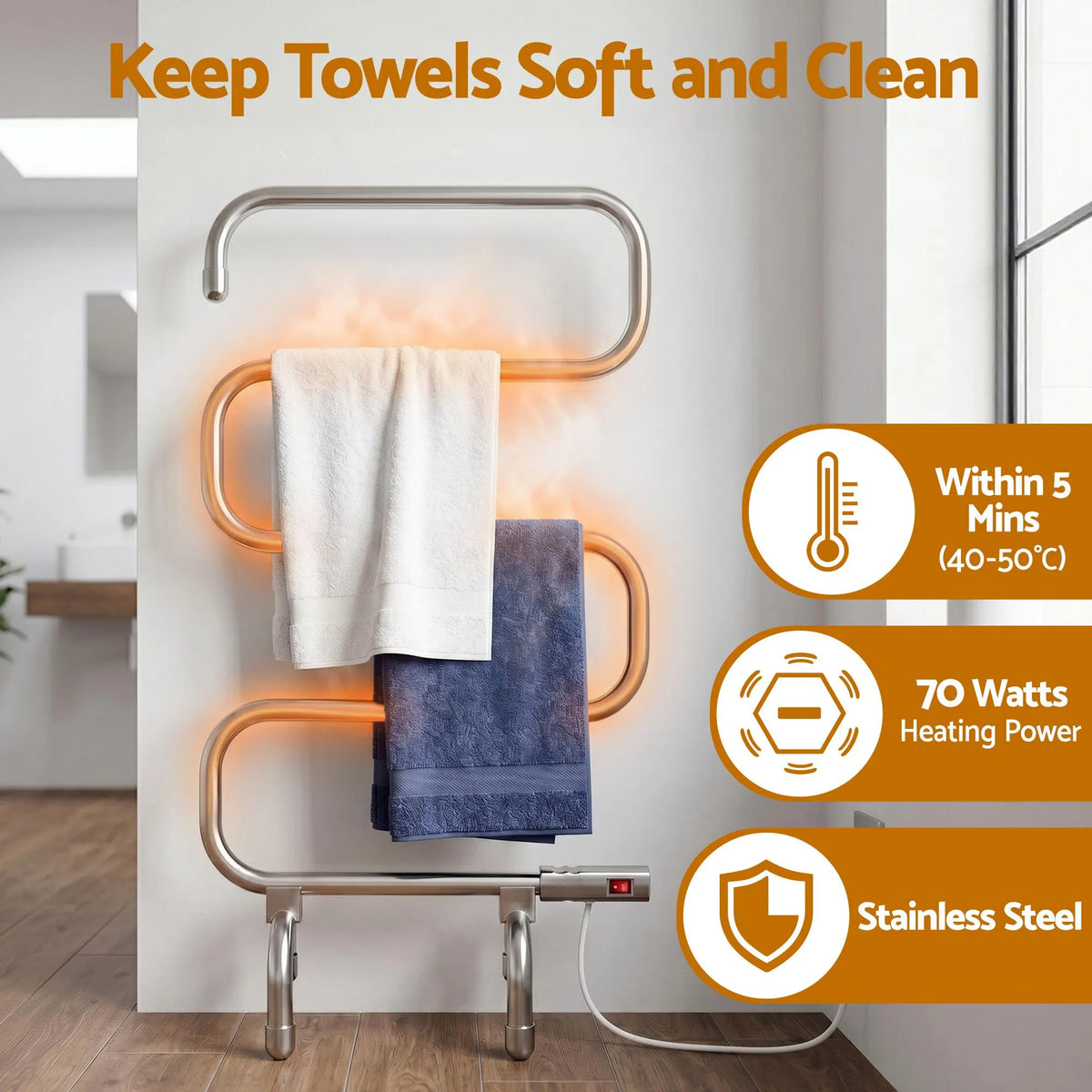 Devanti Electric Heated Towel Rail Rack 5 Bars Freestanding Clothes Dry Warmer - Image 2