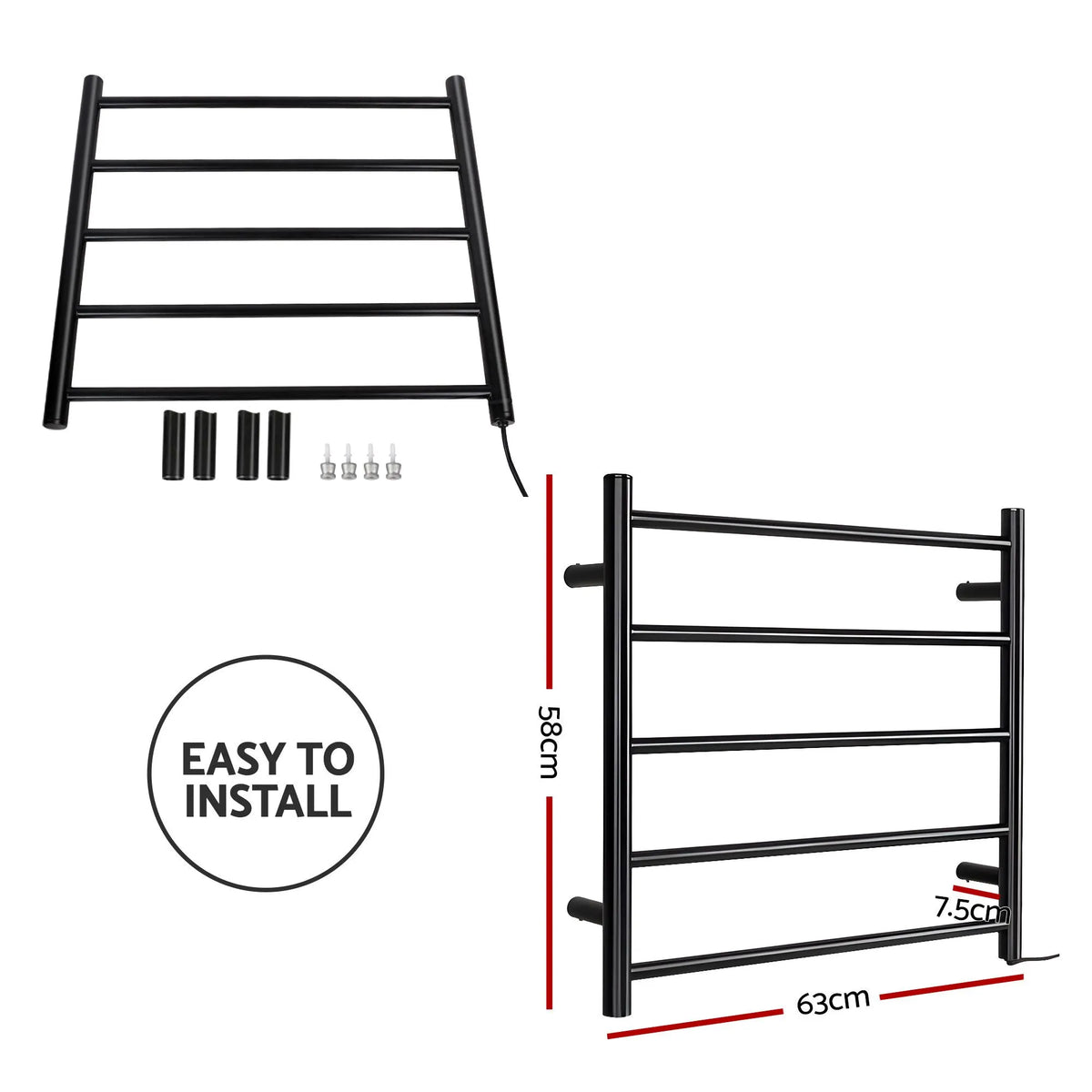 Devanti Electric Heated Towel Rail Rack 5 Bars Wall Mounted Clothes Dry Warmer - Image 8