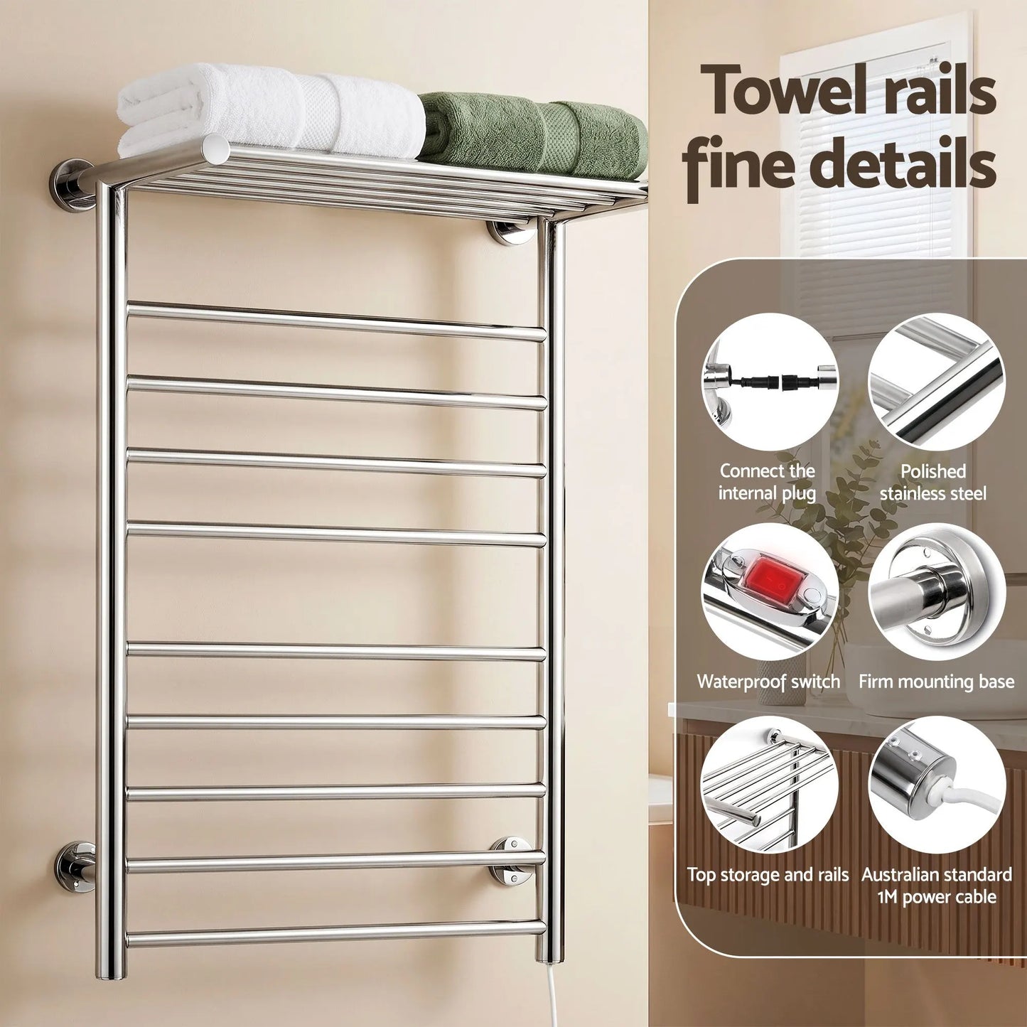 Devanti Electric Heated Towel Rail Rack 14 Bars Wall Mounted Clothes Dry Warmer - Image 4