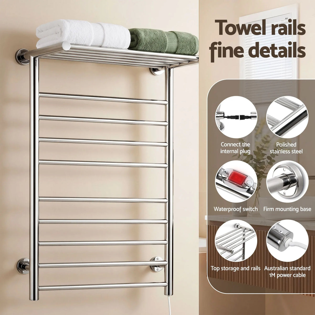 Devanti Electric Heated Towel Rail Rack 14 Bars Wall Mounted Clothes Dry Warmer - Image 4