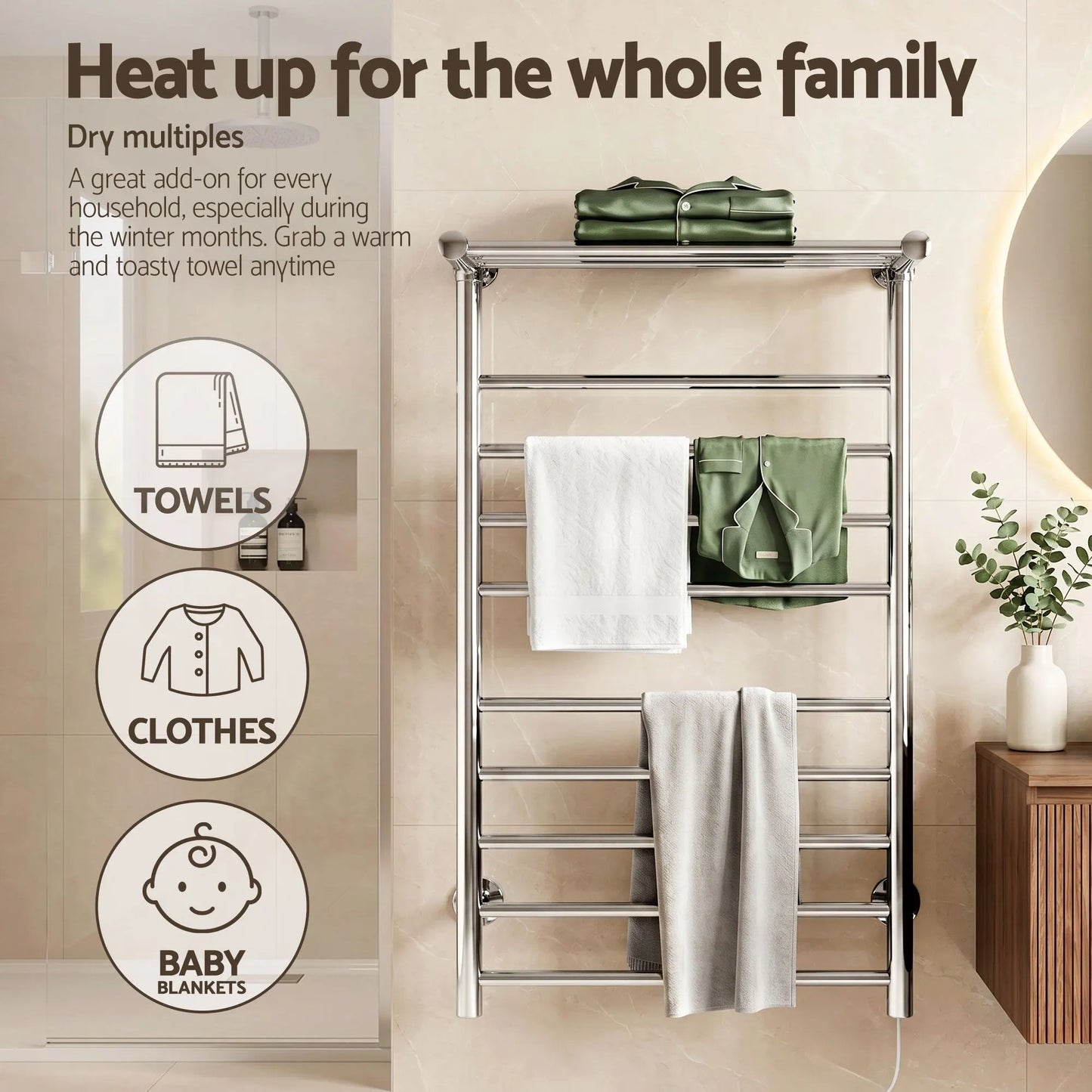 Devanti Electric Heated Towel Rail Rack 14 Bars Wall Mounted Clothes Dry Warmer - Image 6