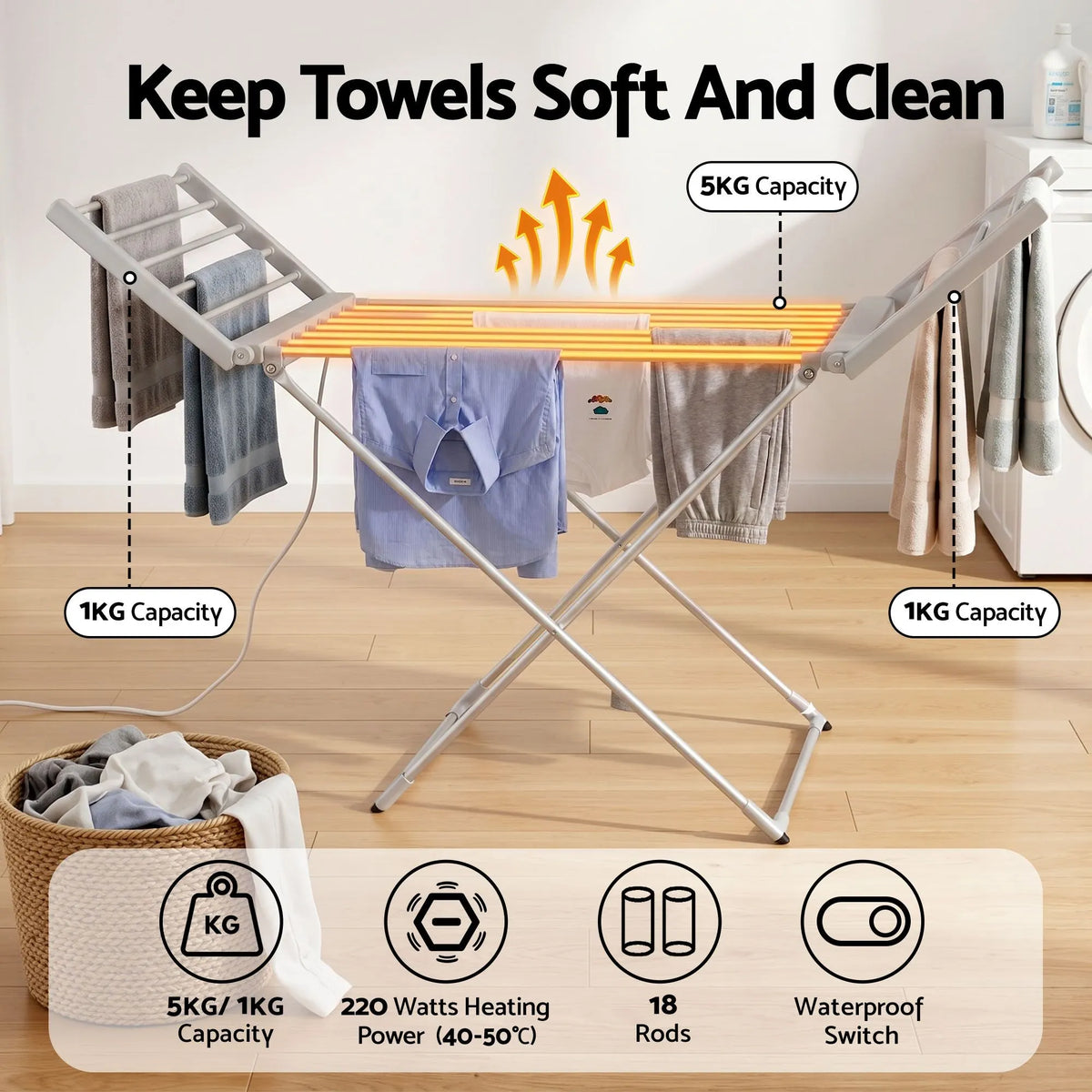 Devanti Electric Heated Towel Rail Rack 18 Bars Freestanding Clothes Dry Warmer - Image 2