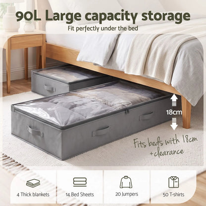 Artiss Under Bed Storage Containers X4 90L Boxes Organiser Clear Top Fabric Grey - Image 4