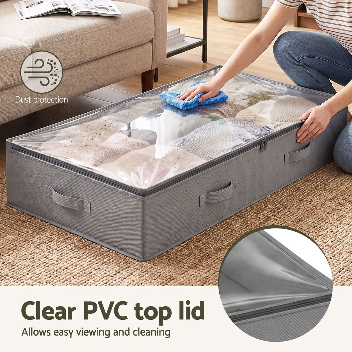 Artiss Under Bed Storage Containers X4 90L Boxes Organiser Clear Top Fabric Grey - Image 5