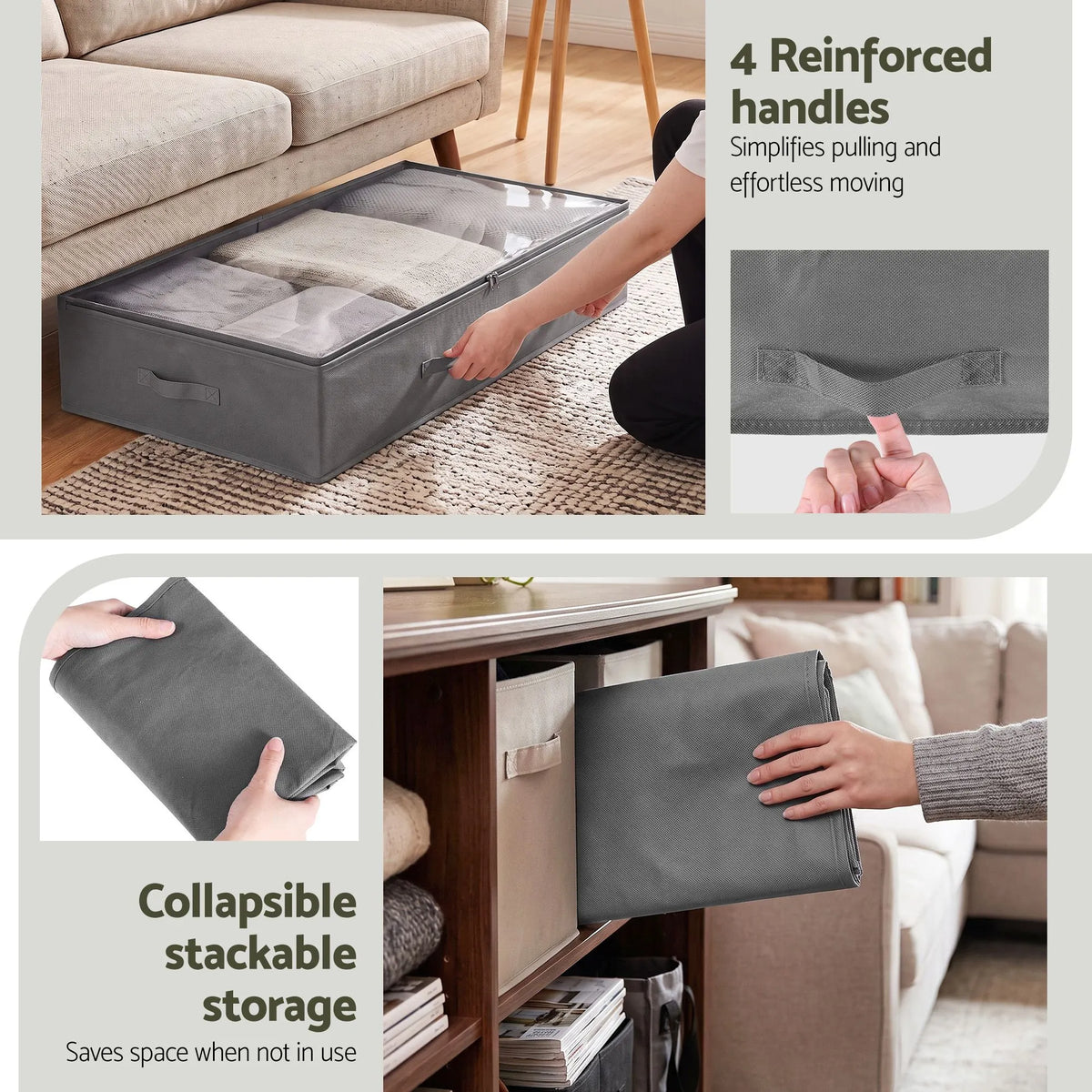 Artiss Under Bed Storage Containers X4 90L Boxes Organiser Clear Top Fabric Grey - Image 6