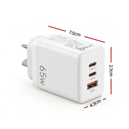 Devanti USB C Charger 65W Fast Charger 3 Port PD Wall Adapter White - Image 2
