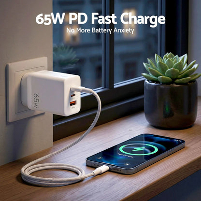 Devanti USB C Charger 65W Fast Charger 3 Port PD Wall Adapter White - Image 4