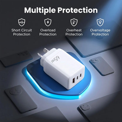 Devanti USB C Charger 65W Fast Charger 3 Port PD Wall Adapter White - Image 7