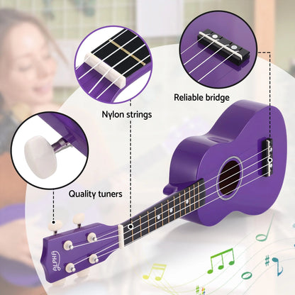 Alpha 21 Inch Ukulele Soprano Beginner Acoustic Small Guitar Kids Strings Purple - Image 7