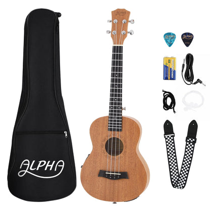 Alpha 26 Inch Solid Mahogany Tenor Ukulele Electric Acoustic EQ System Kit 18 Frets Natural - Image 2