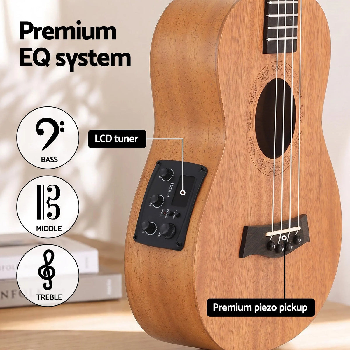 Alpha 26 Inch Solid Mahogany Tenor Ukulele Electric Acoustic EQ System Kit 18 Frets Natural - Image 5