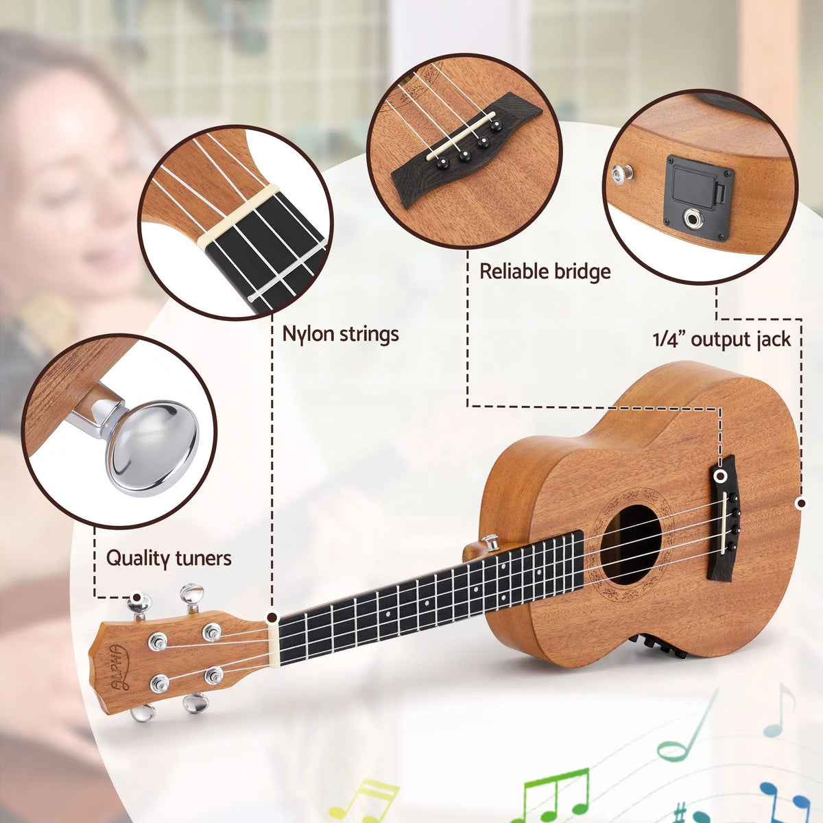Alpha 26 Inch Solid Mahogany Tenor Ukulele Electric Acoustic EQ System Kit 18 Frets Natural - Image 8