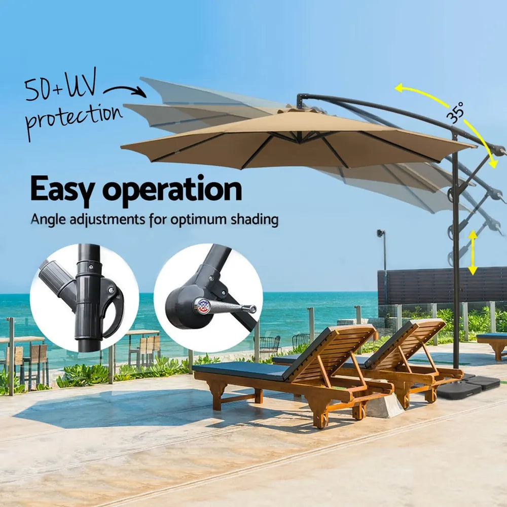 Instahut 3m Umbrella w/Base Outdoor Cantilever Beach Garden Patio Parasol Beige - Image 4