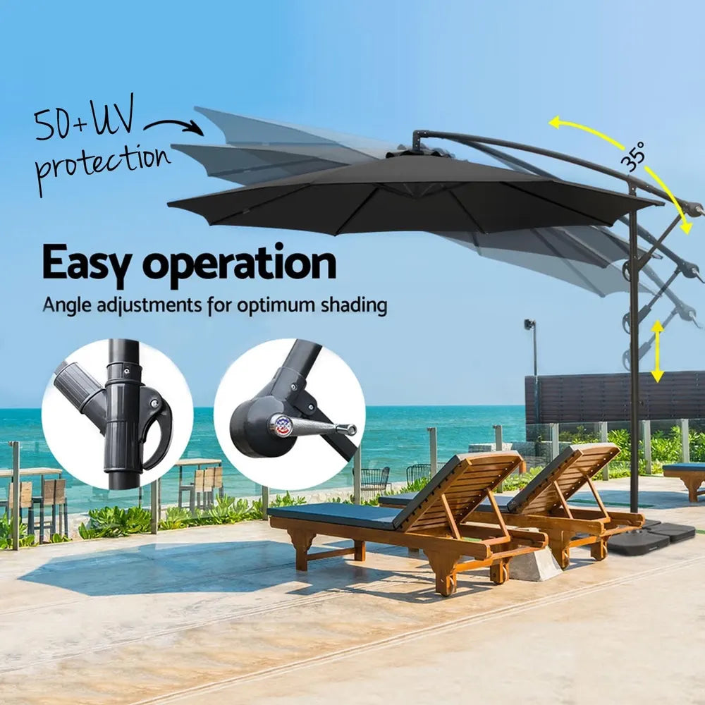 Instahut 3m Umbrella w/Base Outdoor Cantilever Beach Garden Patio Parasol Black - Image 4