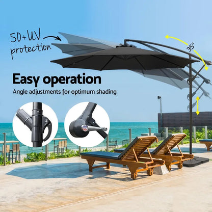Instahut 3m Umbrella w/Base Outdoor Cantilever Beach Garden Patio Parasol Black - Image 4