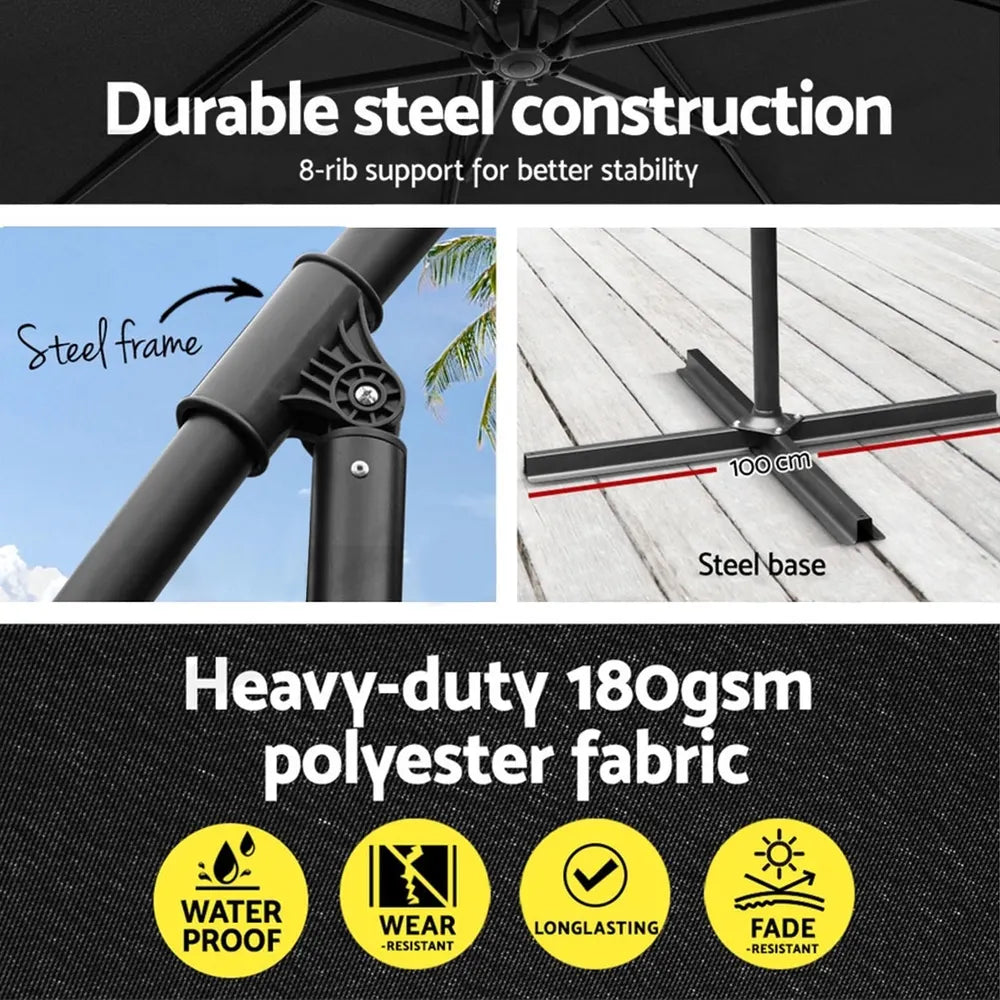 Instahut 3m Umbrella w/Base Outdoor Cantilever Beach Garden Patio Parasol Black - Image 5