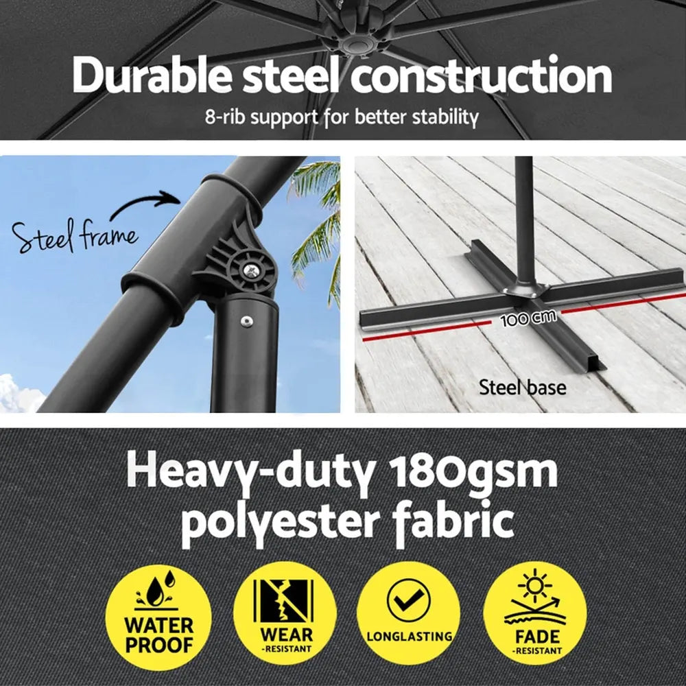 Instahut 3m Umbrella w/Base Outdoor Cantilever Beach Garden Patio Parasol Charcoal - Image 5