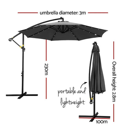 Instahut Outdoor Umbrella 3M Cantilever Beach LED Garden Shade Patio Charcoal - Image 2