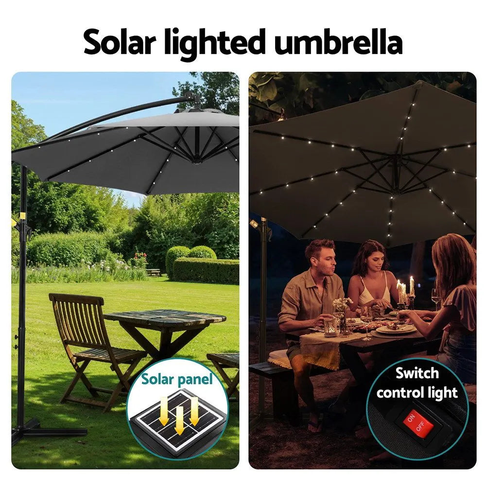 Instahut Outdoor Umbrella 3M Cantilever Beach LED Garden Shade Patio Charcoal - Image 4
