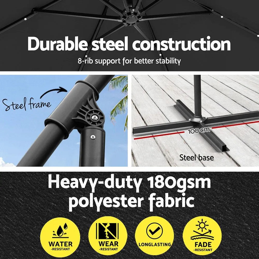 Instahut Outdoor Umbrella 3M Cantilever Beach LED Garden Shade Patio Charcoal - Image 6