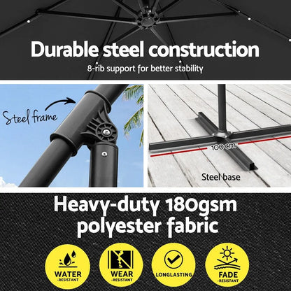 Instahut Outdoor Umbrella 3M Cantilever Beach LED Garden Shade Patio Charcoal - Image 6