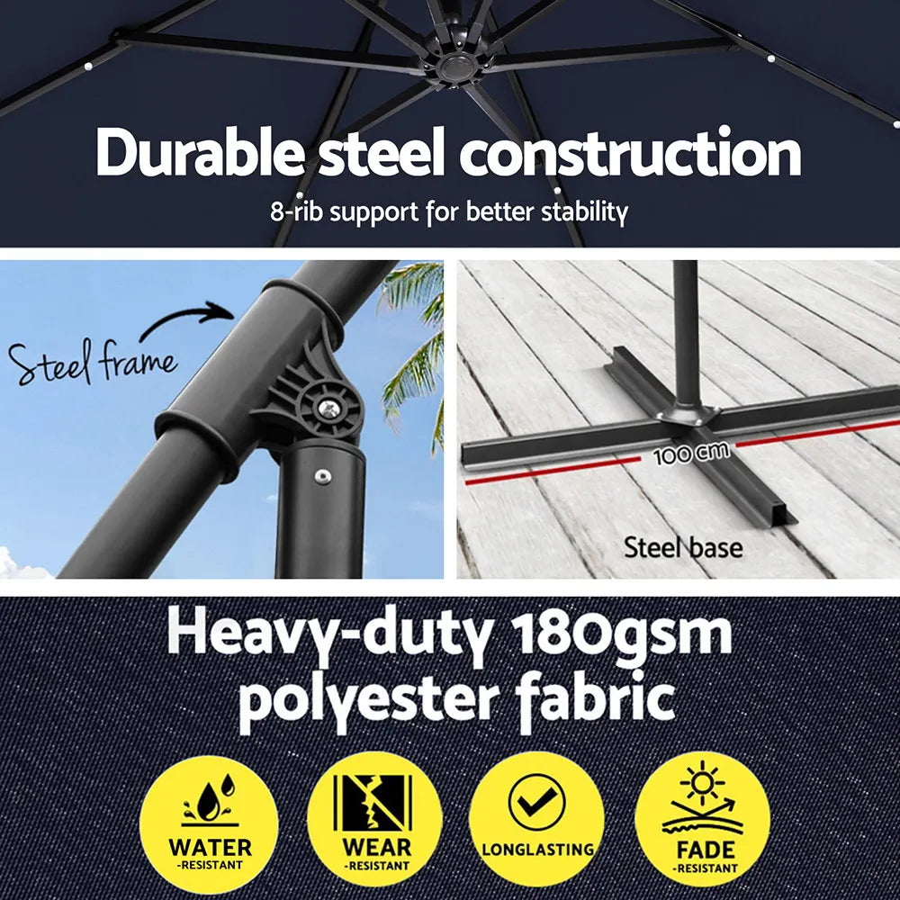 Instahut Outdoor Umbrella 3M Cantilever Beach LED Umbrellas Garden Shade Patio - Image 6