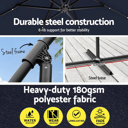 Instahut Outdoor Umbrella 3M Cantilever Beach LED Umbrellas Garden Shade Patio - Image 6