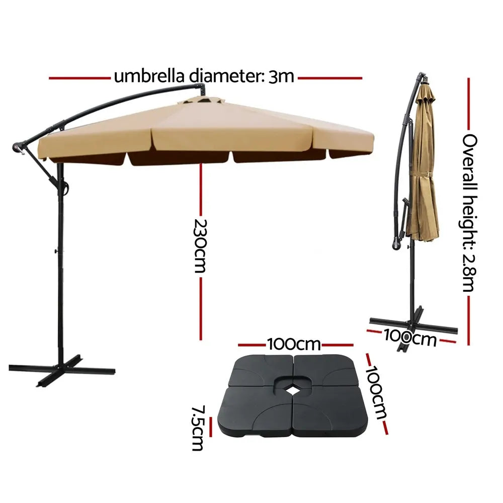 Instahut 3m Outdoor Umbrella w/Base Cantilever Garden Beach Patio Beige - Image 3