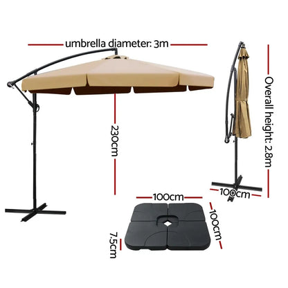 Instahut 3m Outdoor Umbrella w/Base Cantilever Garden Beach Patio Beige - Image 3