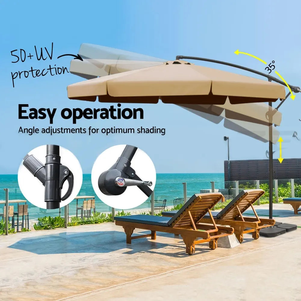 Instahut 3m Outdoor Umbrella w/Base Cantilever Garden Beach Patio Beige - Image 4
