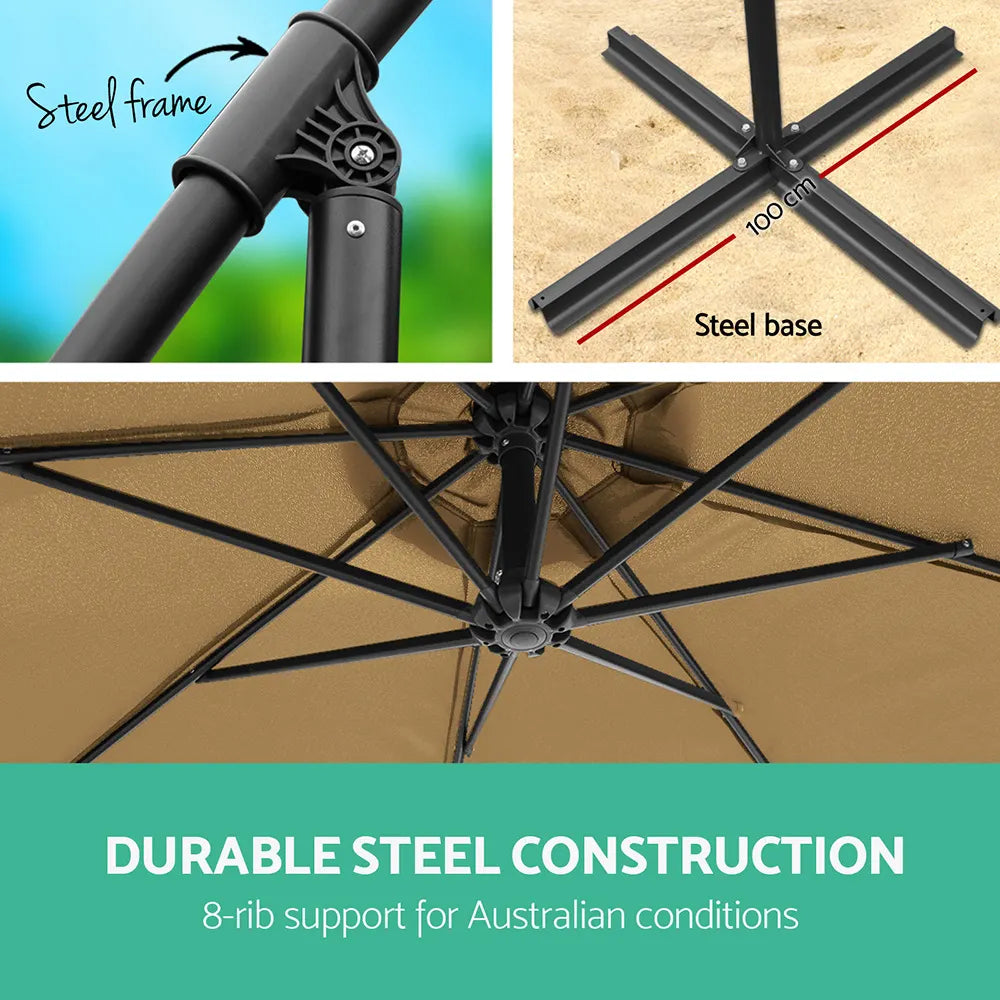 Instahut 3m Outdoor Umbrella Cantilever Garden Beach Patio Beige - Image 5